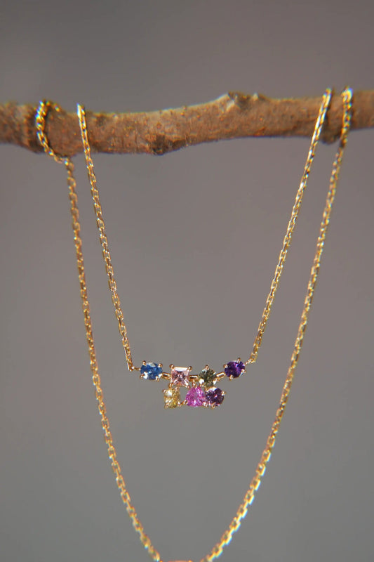Gold necklace with multicolored sapphires on a branch, Eclat d'or luxury jewelry