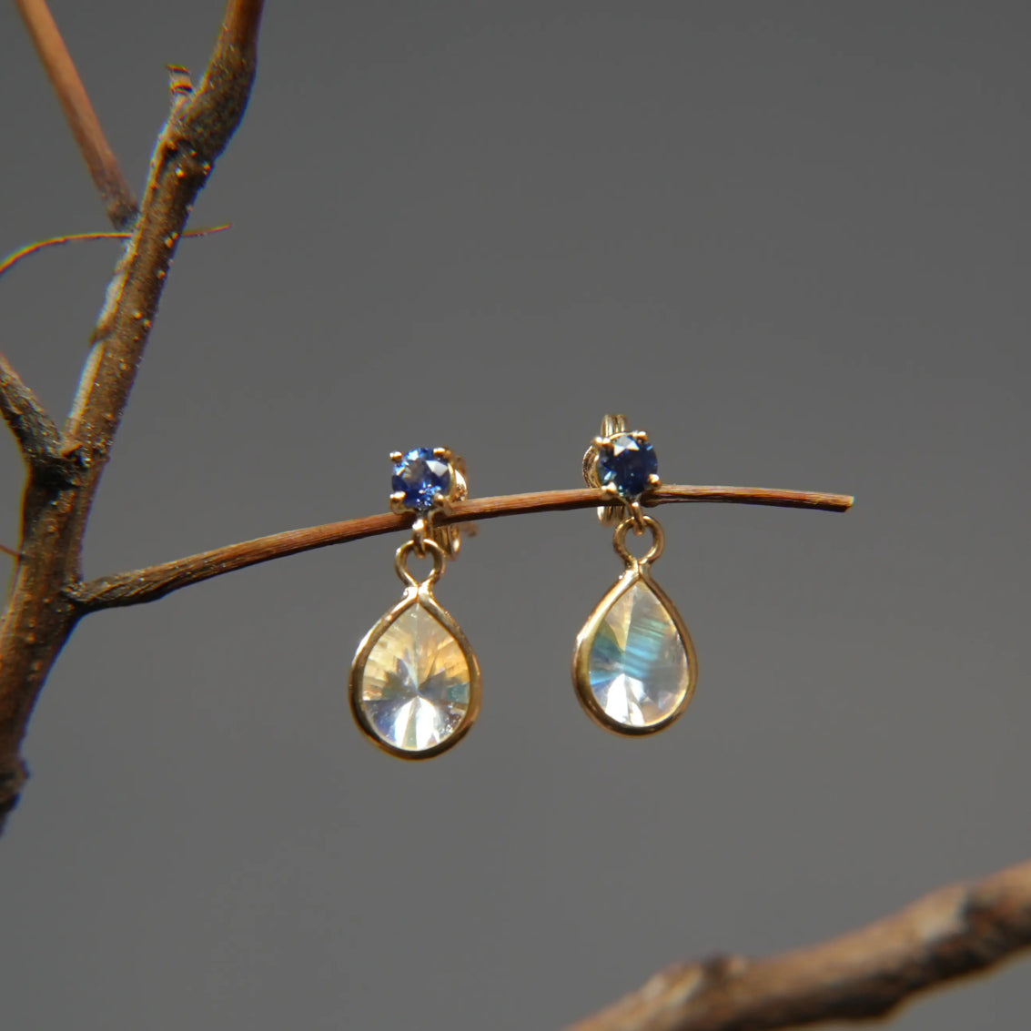 18k gold earrings with moonstone and sapphire gemstones on a branch, Eclat d'or jewelry