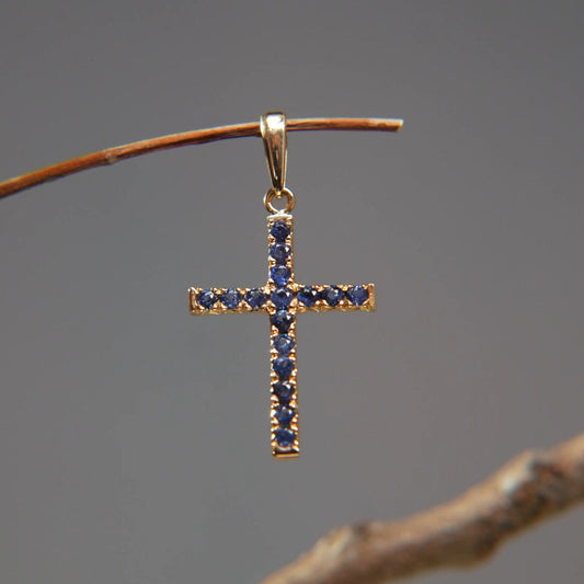 18K gold cross pendant with blue sapphires, luxury jewelry from Eclat d'or