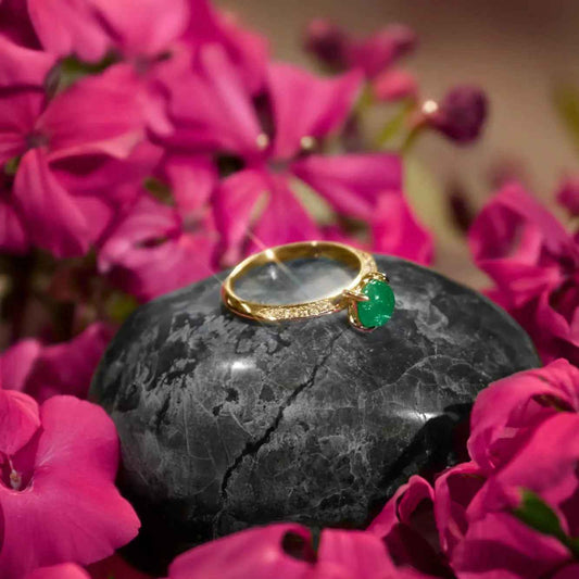 18K gold emerald diamond ring on stone with pink flowers, Eclat d'or jewelry