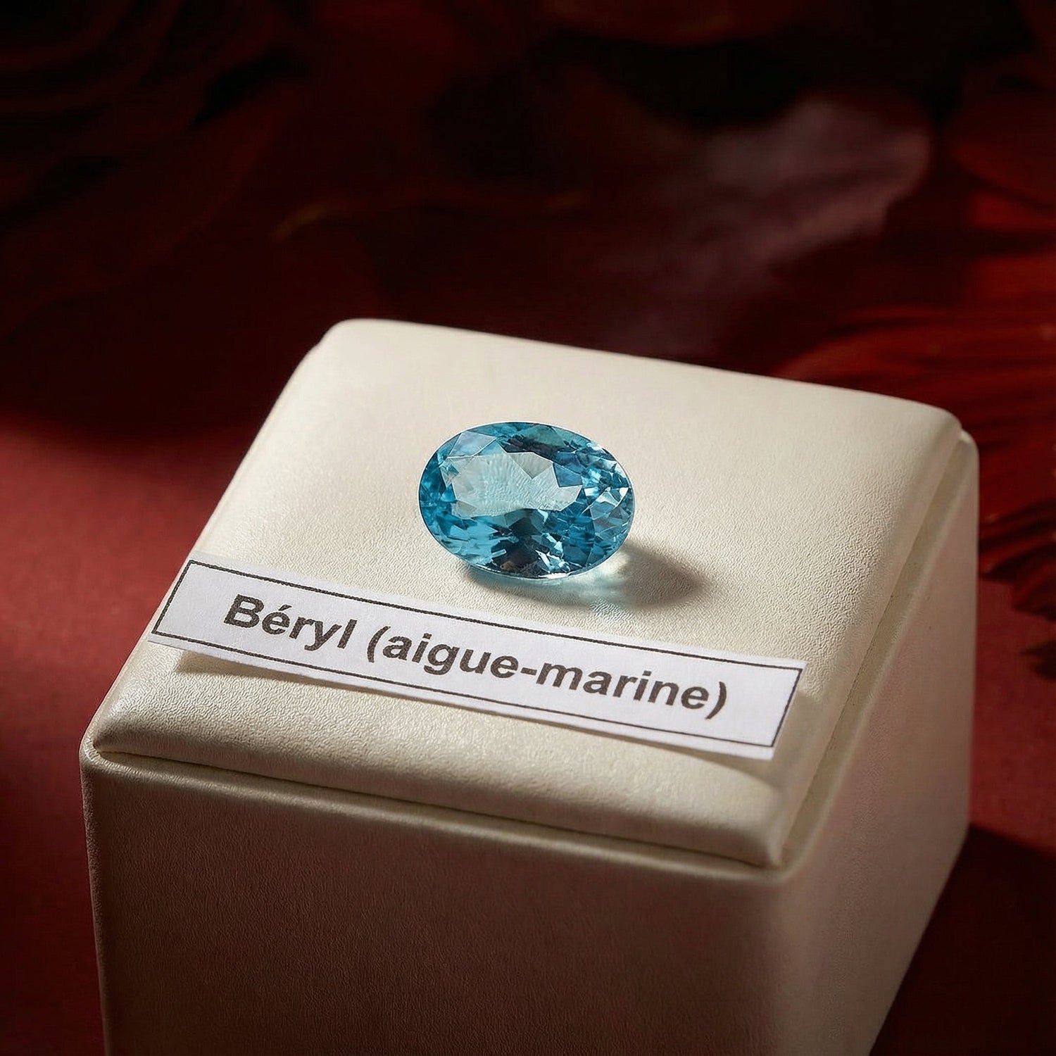 Faceted blue beryl aquamarine gemstone on a white display with label, luxury jewelry stone