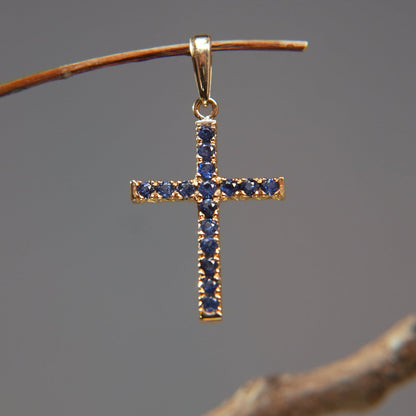 18K Gold and Blue Sapphire Cross Pendant – Symbol of Protection