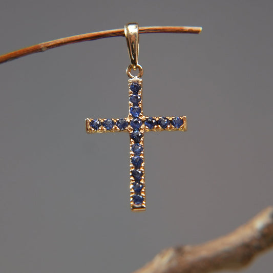 18K Gold and Blue Sapphire Cross Pendant – Symbol of Protection